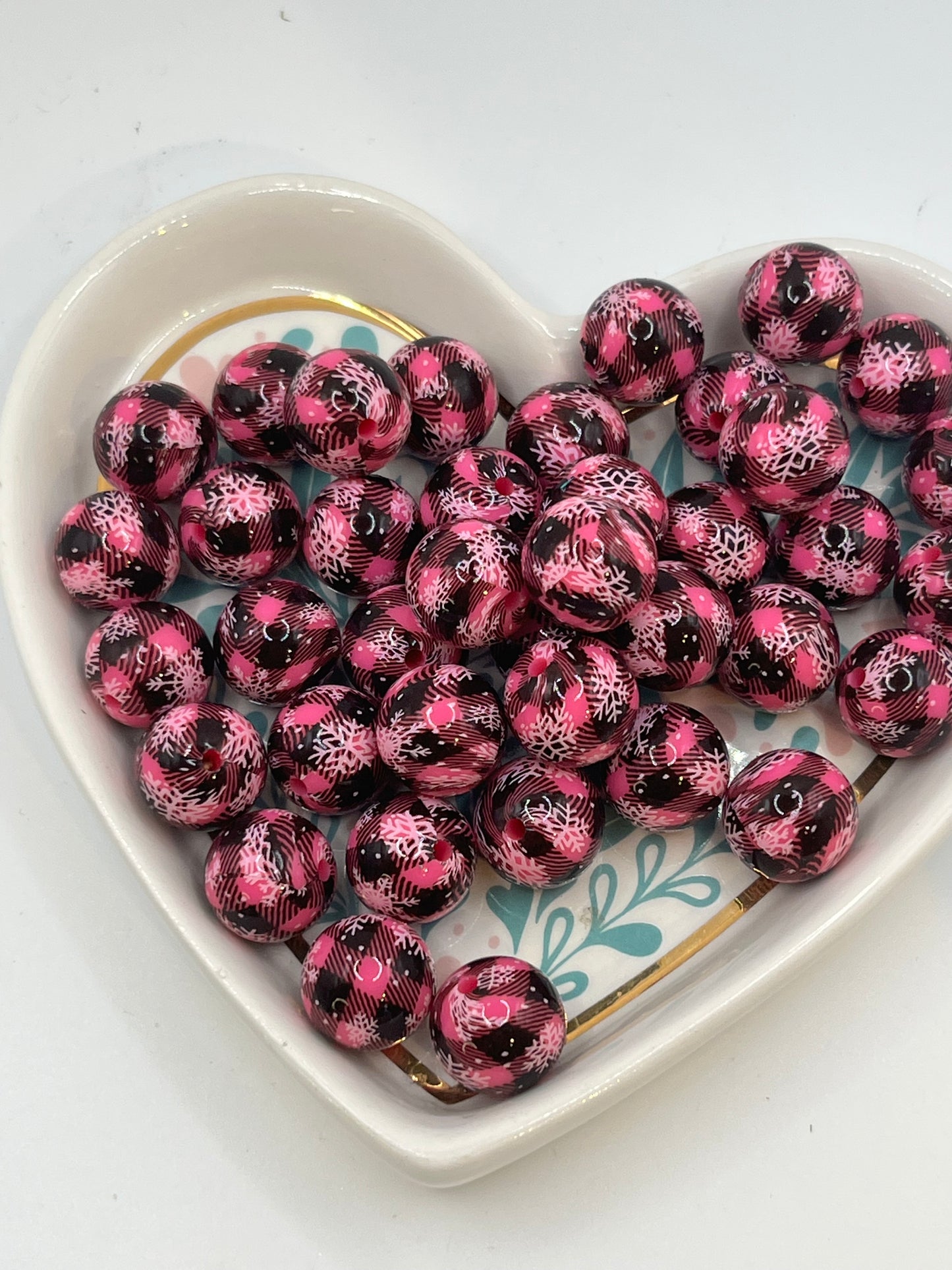 Pink checker snowflake liquid 15mm beads sold individually