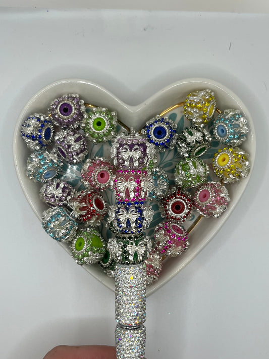 Fancy silver bows colored rhinestone 5pk