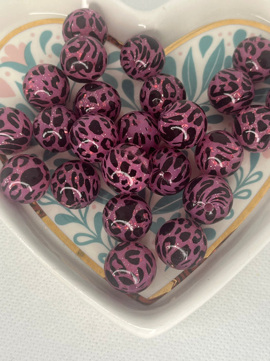 15mm pink glitter leopard silicone bead