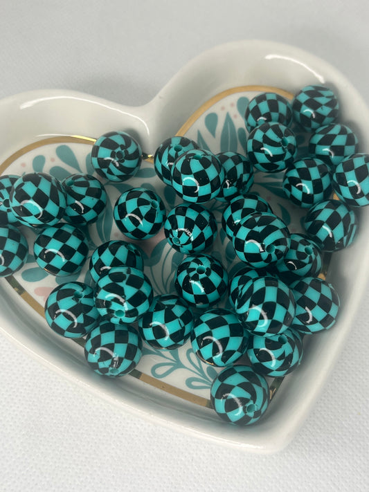 15mm teal checkered silicone bead