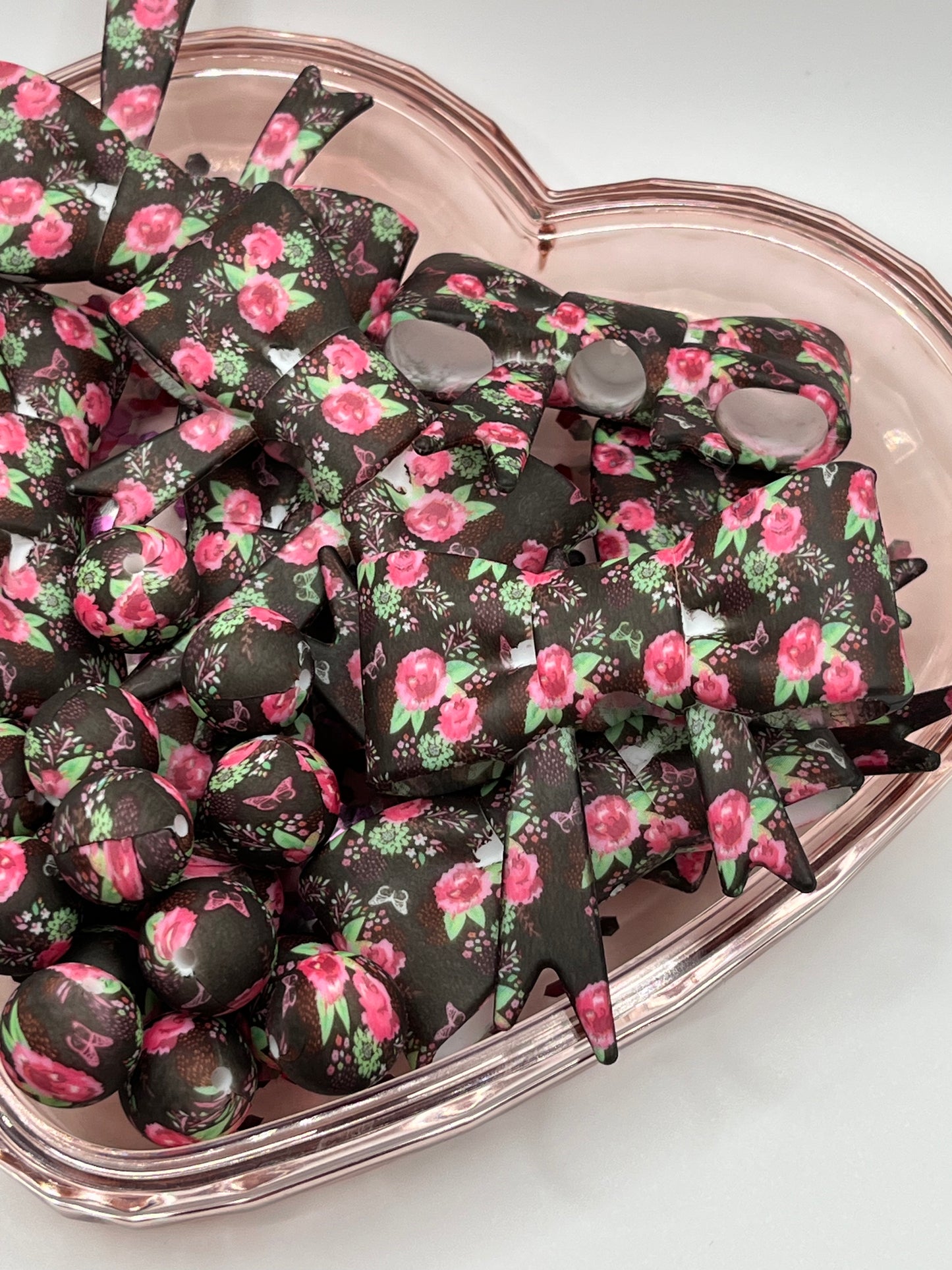 Black rose printed silicone bead/bow sold individually