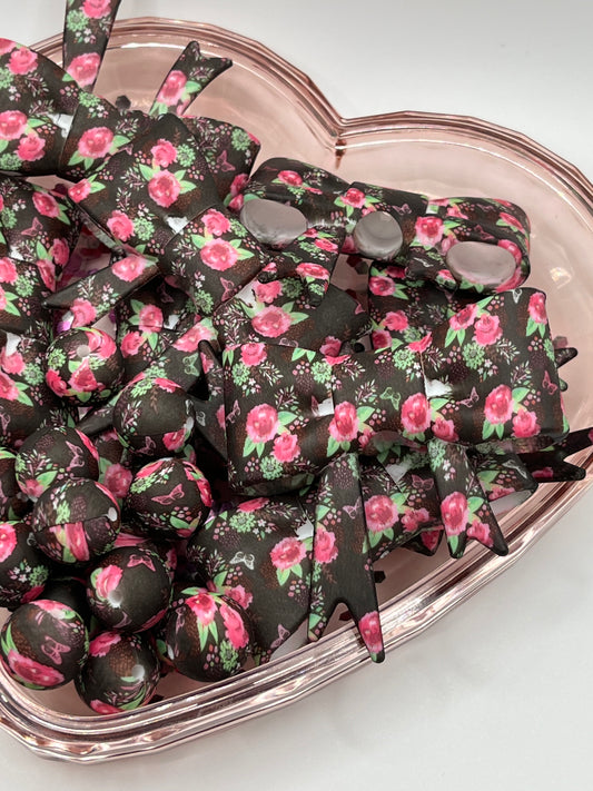 Black rose printed silicone bead/bow sold individually