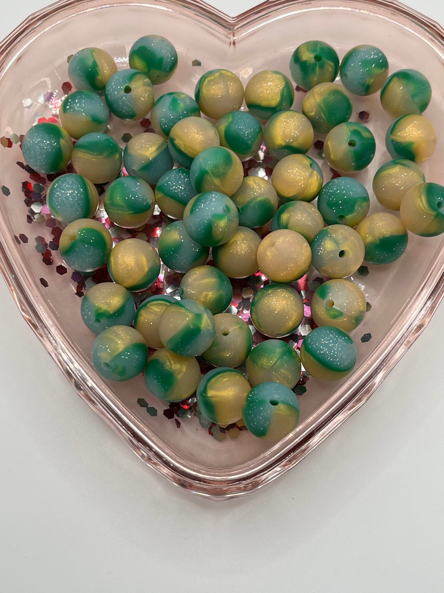 15mm Green/gold glitter beads SOLD INDIVIDUALLY!