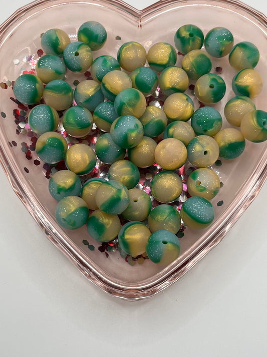 15mm Green/gold glitter beads SOLD INDIVIDUALLY!