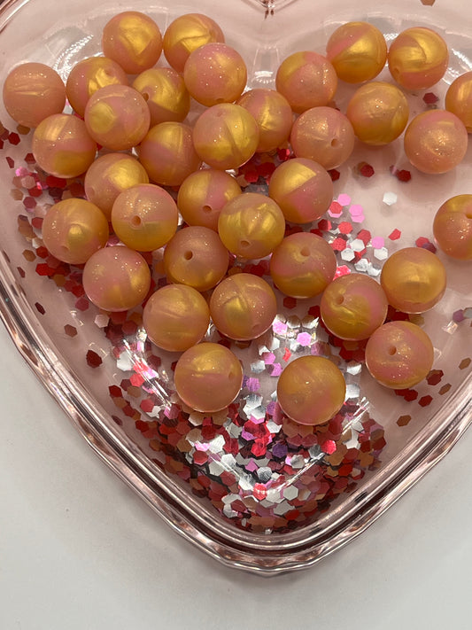 15mm peachy pink/gold glitter shiny beads SOLD INDIVIDUALLY!