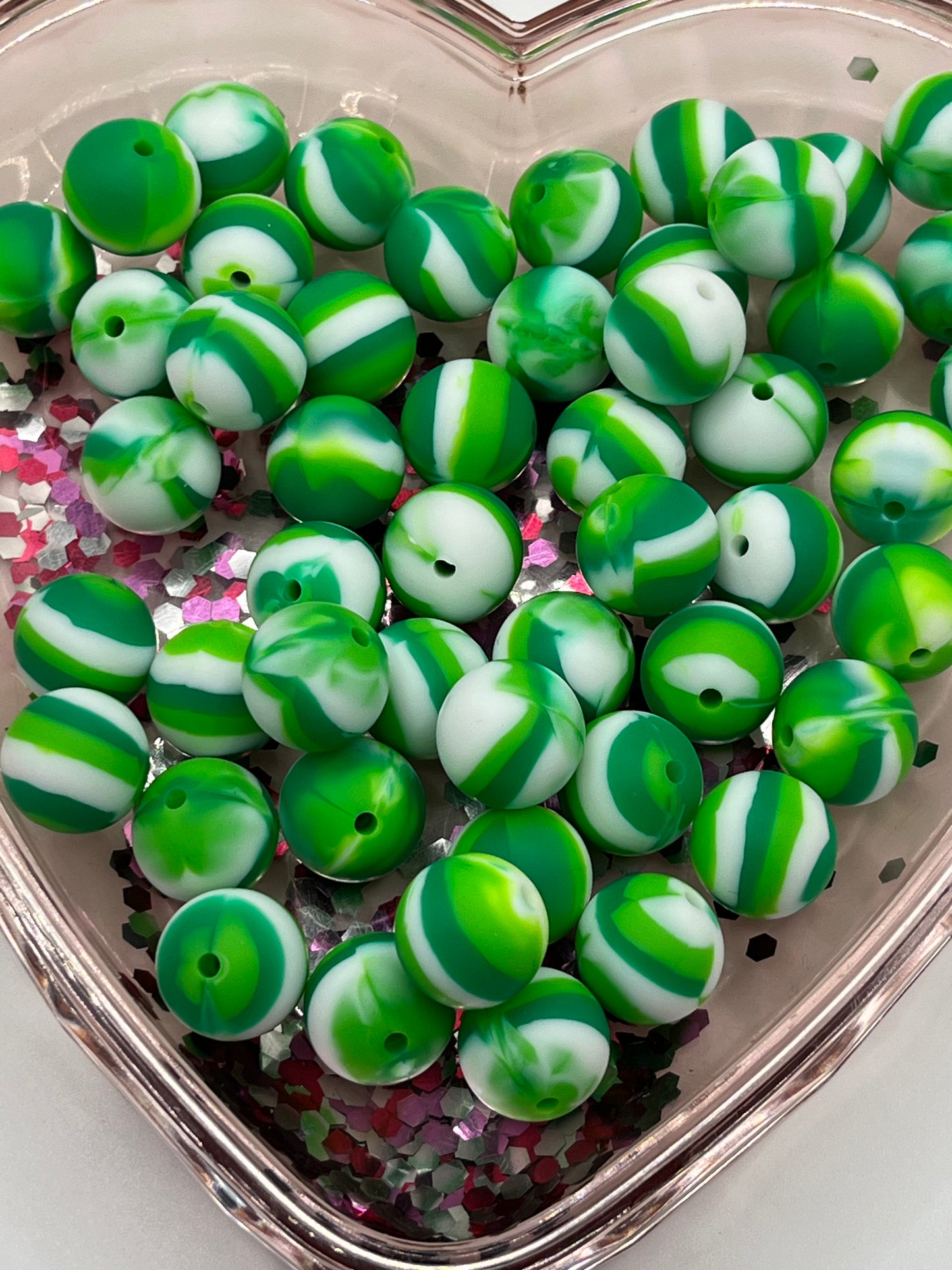 Mixed green/white 15mm silicone beads SOLD INDIVIDUALLY!