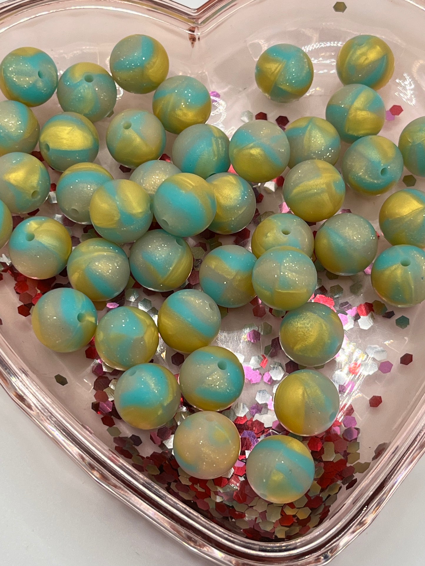 15mm teal/gold glitter swirl beads SOLD INDIVIDUALLY!